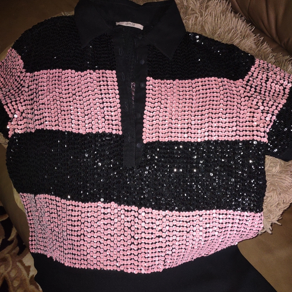Ladies R E D Valentino short sleeves silk,sequined ,stripe shirt